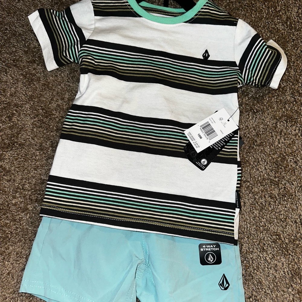 Volcom Green and Black Striped Tee
